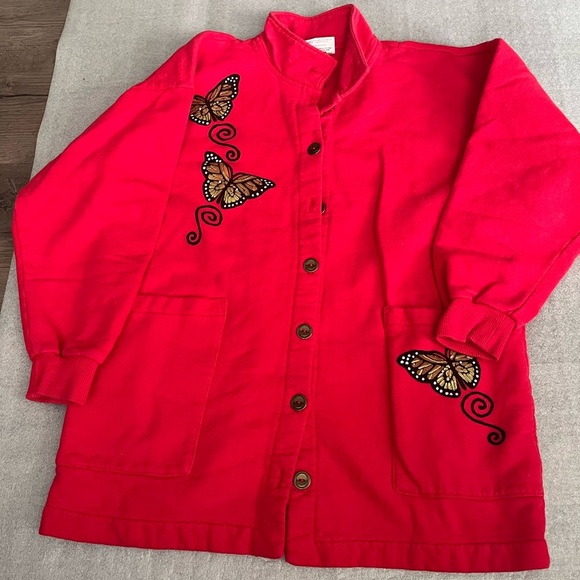 [S]Qualicum Red Cotton Shirt Jacket with Embellished Butterfly Made in Canada - Picture 1 of 10